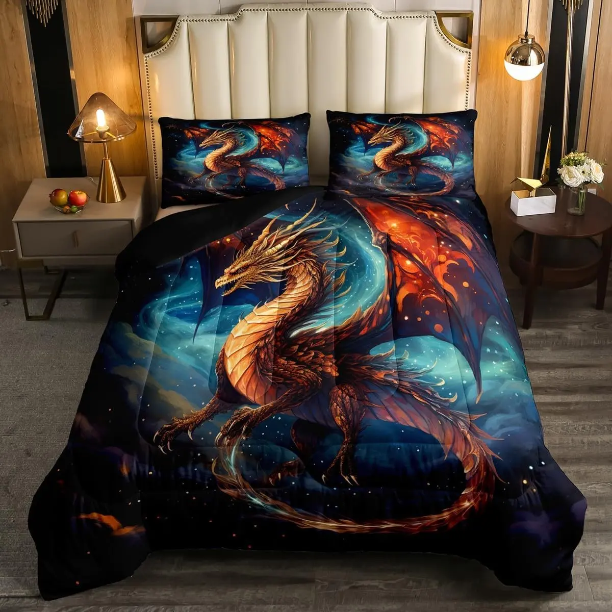 Feelyou Durable Watercolor Dragon Comforter Set - Breathable Soft Bed Blanket, Gradient Red Animal Bedding, Psychedelic Down Duvet, Aesthetic Aurora Quilted Cover for Kids, Gentle Soft Blanket, Soft Warm Bedding