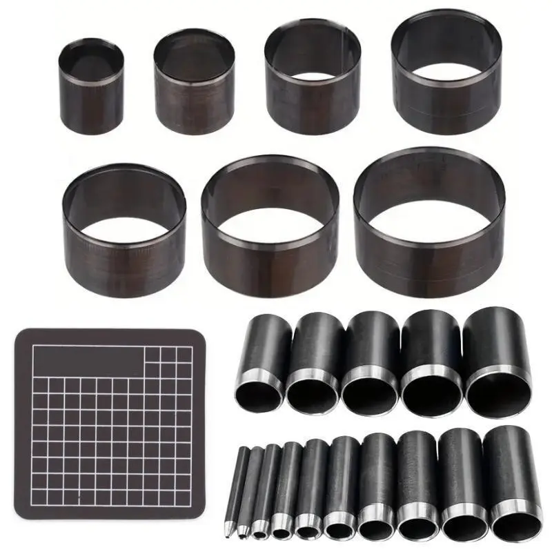 22 piece circular leather punching set - with 1 piece cutting pad, multi size circular cutter, suitable for leather goods production and belt processing