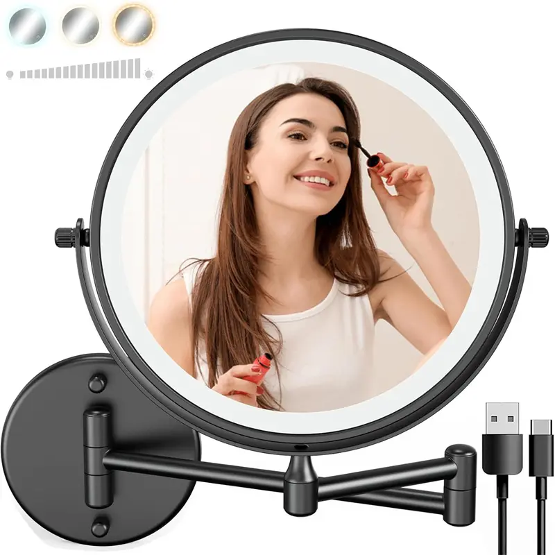Chrome Rechargeable Wall-Mounted LED Makeup Mirror - 8in Double-Sided Vanity Mirror with 1X/10X Magnification, 3 Color Touch-Screen Dimmable Lights, 360° Swivel, 13in Extendable, Golden Room Decor, Friend Gift, Easy Installation with Screws