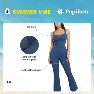 Popilush The Shapewear Denim Square Neck Tank Top Flare Jumpsuits Womenswear Comfortable Fabric Sleeveless Minimalist-LIVE