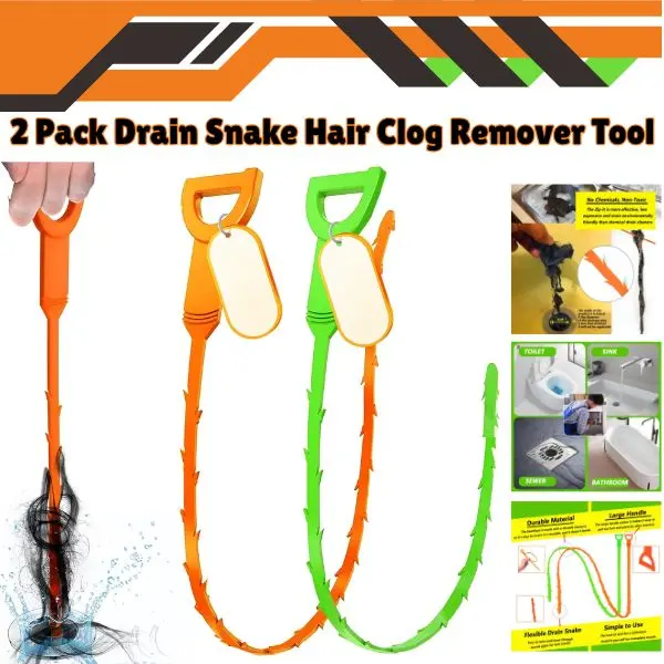 2 Pack Drain Snake Hair Clog Remover Tool | 25 & 20 Inch Drain Cleaner for Kitchen Sink, Bathroom & Toilet | Clogged Drain Opener Tool