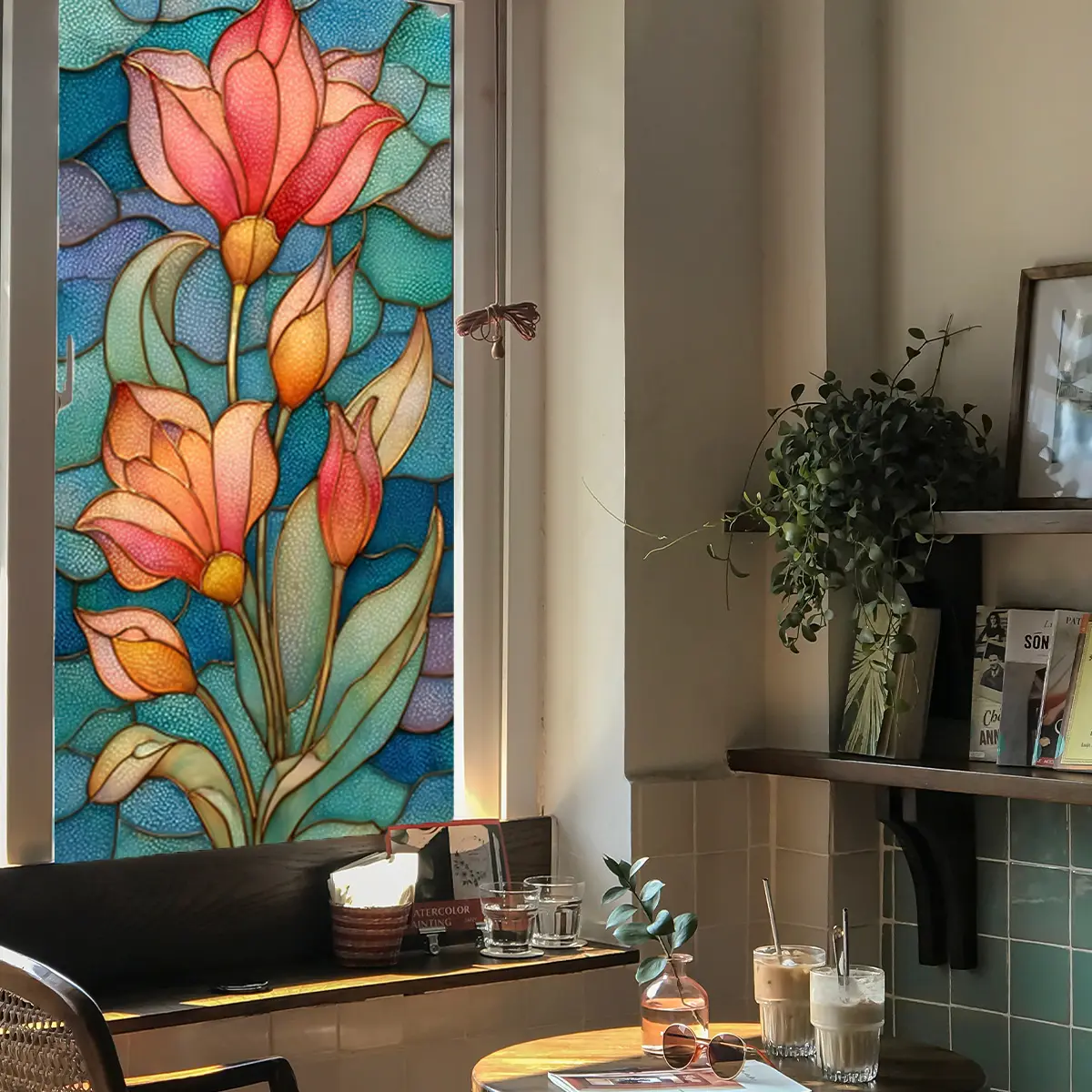 Vintage Large Flower Sticker, Decorative Stickers, 45x100cm Window Glass Door Decoration, Bathroom Living Room Bedroom Decor, Retro Style Wall Decal