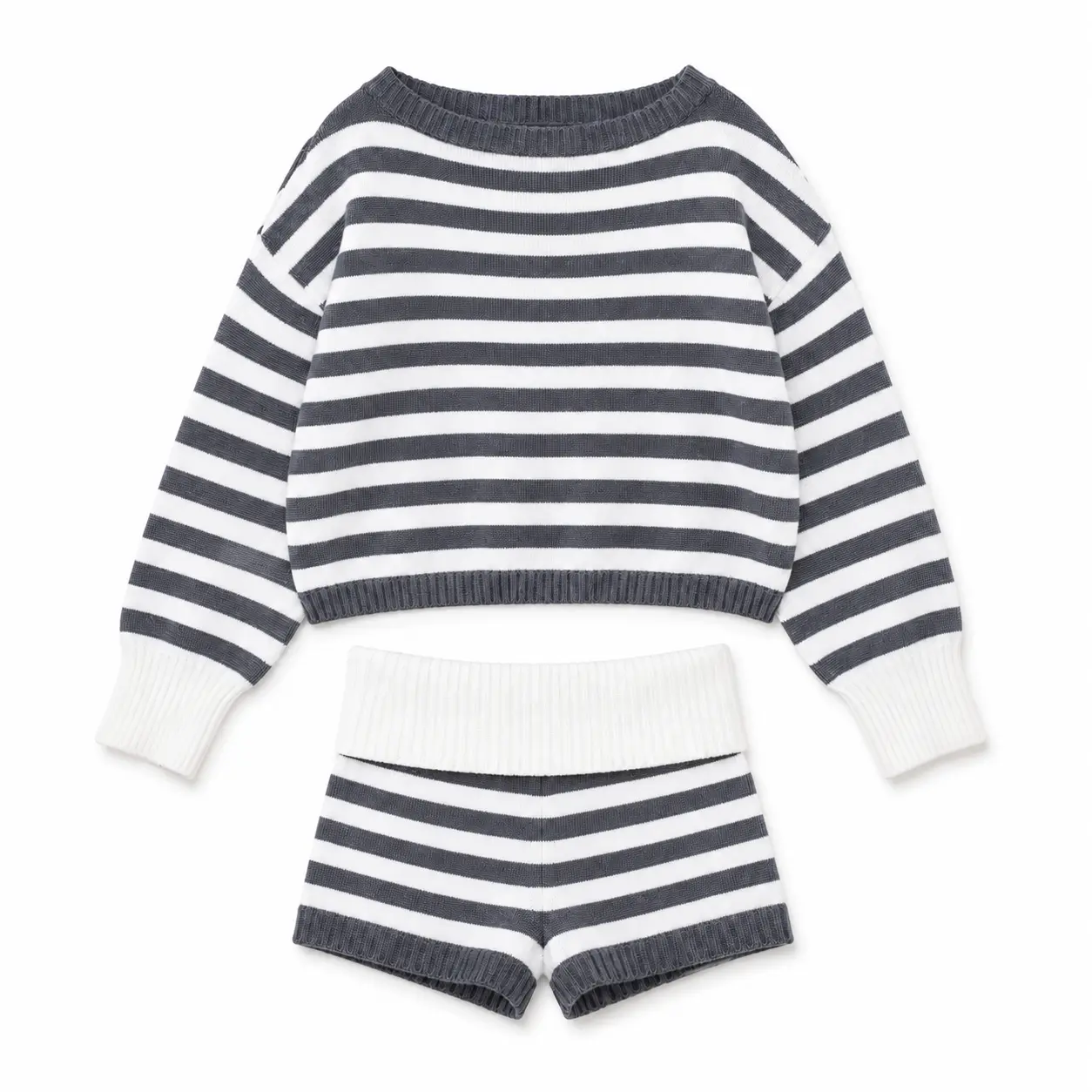 Women’s 2-Piece Striped Knit Lounge Set - Off-Shoulder Cropped Longsleeve Sweater, High-Waist Shorts, Matching Feminine Coastal Casual Women's Clothes, Boat, Style, Longsleeves Crewneck Womenswear, Off Shoulder Tops
