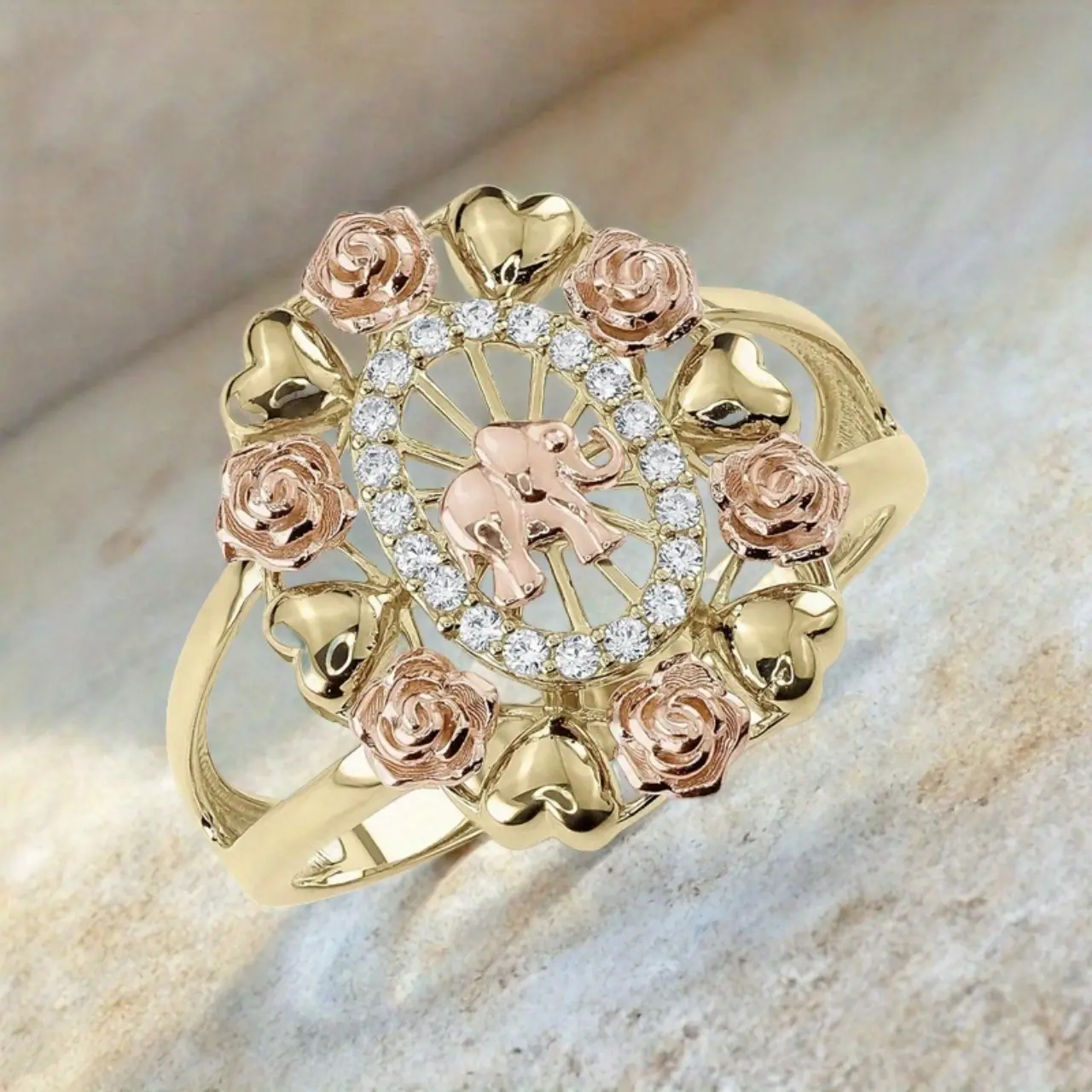Women's Rose-Shaped Ring with Elephant Engraving and Synthetic Zirconia, Rings for Women, Meaningful Gifts