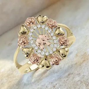 Rose Shaped Ring with Elephant Engraving and Synthetic Zirconia for Women