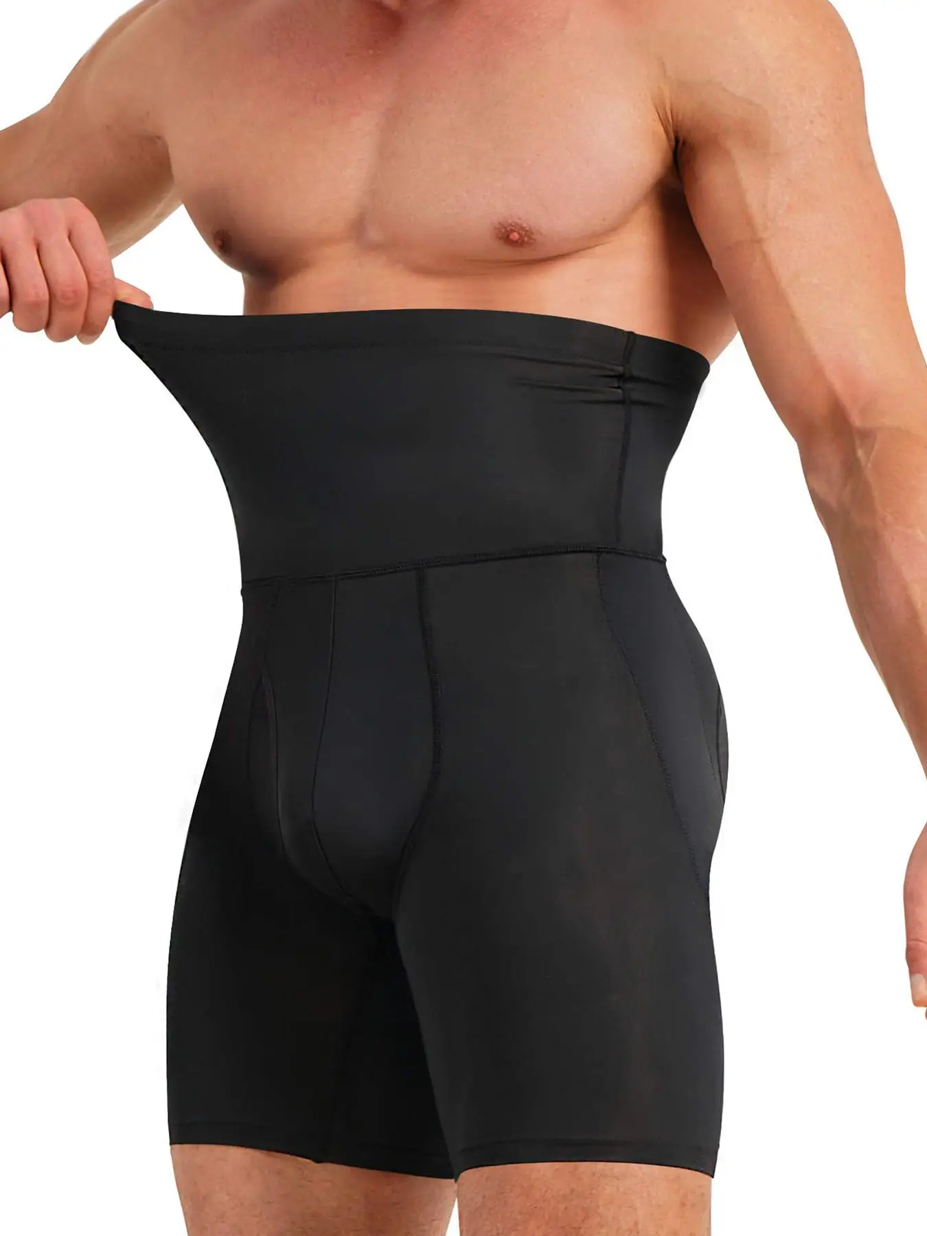 Men's Solid High Waist Shapewear Shorts, Tummy Control Shapewear Clothing, Mid-Thigh Compression Shorts for Men