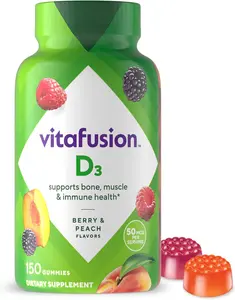 Vitafusion Vitamin D3 Gummies 50 mcg 150 Count Bone & Immune Support Peach Blackberry Strawberry Flavors 75 Day Supply Natural Fruit Flavors No Artificial Sweeteners Gluten-Free Dairy-Free No Synthetic Dyes Healthcare Dietary Supplement