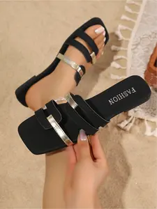Summer Holiday Women's Square Toe Flat Sandals Metallic Strap Open Toe Slides Beach Party Footwear