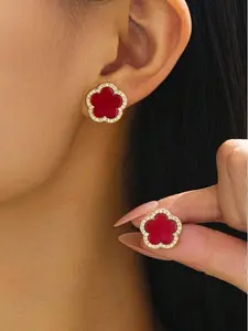 Women Red Rhinestone Stud Earrings Jewelry Set - Jewellery