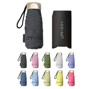 Handle Hand Open Flat Folding Umbrella, Mini Lightweight Sunshade Sun Rain Waterproof Dual Use, 5-Fold 6 Bone Design, Compact and Portable