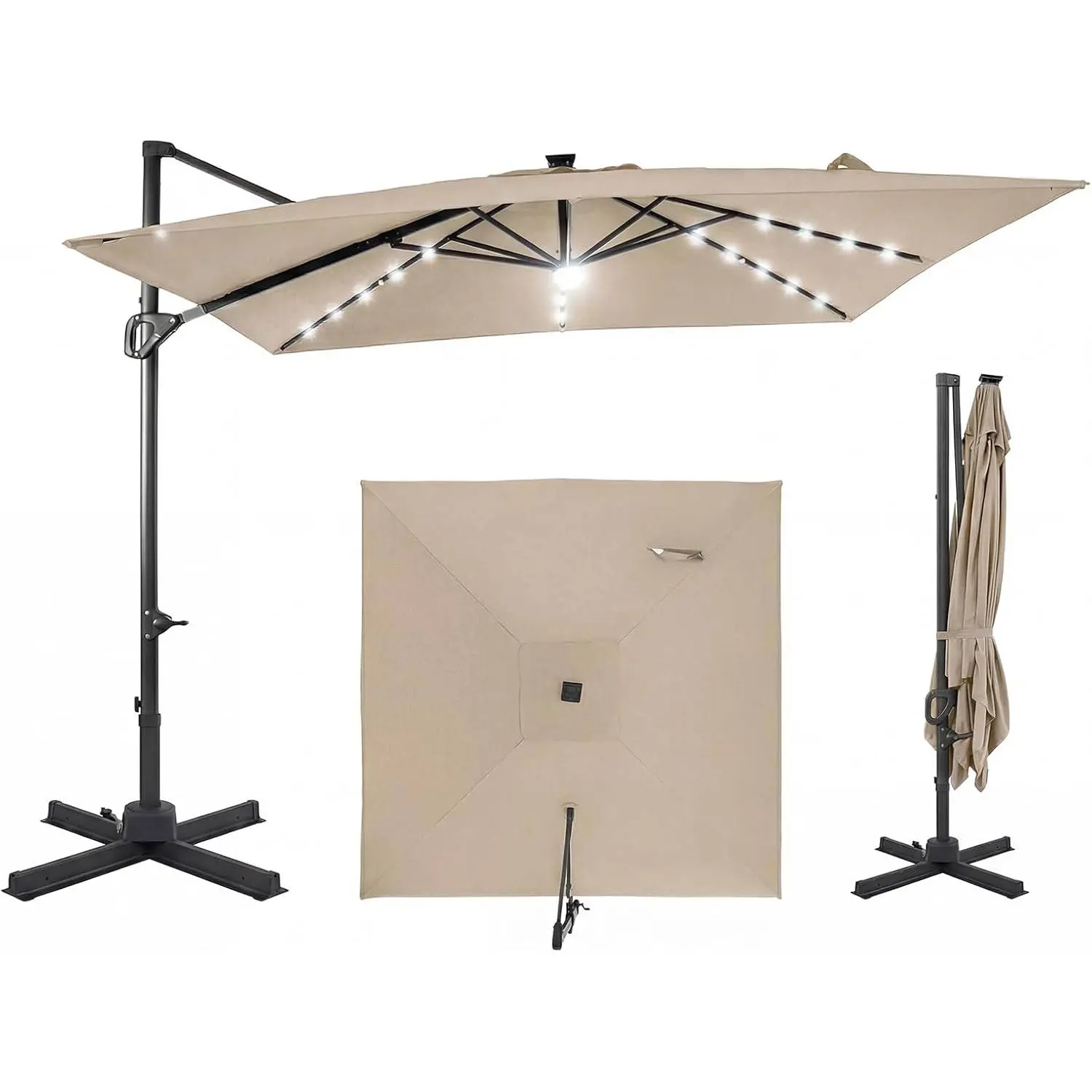 COSTWAY 10ft Patio Umbrella with Solar Lights, Offset Cantilever Outdoor Umbrella with 32 LED Lights, Center Light, Aluminum Pole, 360 Degree Rotation, Tilt Adjustment, Air Vent for Pool Deck