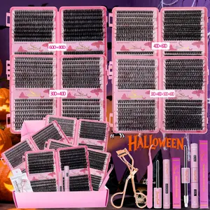 2560pcs Natural Volume DIY Individual Cluster Lash Extension Kit with Bond Seal Remover, Applicator, Curler, Eyelash Extension Tweezers, mixed 30D 40D 50D 60D, different length, big volume from natural to volume, home eye makeup lash extension set