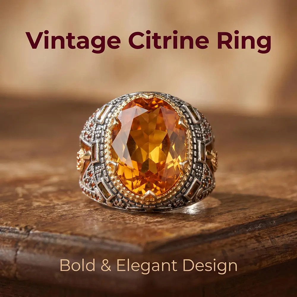 Vintage 2-Tone Cocktail Ring with Oval Citrine Crystal, Gold-Plated Wide Band with Engraved Enamel, Collectibles & Crystal Rings for Adults, Hand-Carved Relief Patterns, Dazzling Gold, Party Wear, Geometric Relief, Colorful Statement Graphic Rings