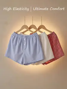 3-Piece Plaid Striped Home Shorts Set, Breathable and Comfortable, High Elastic Waistband, Loose Fit, Ideal for Casual Wear and Sleepwear