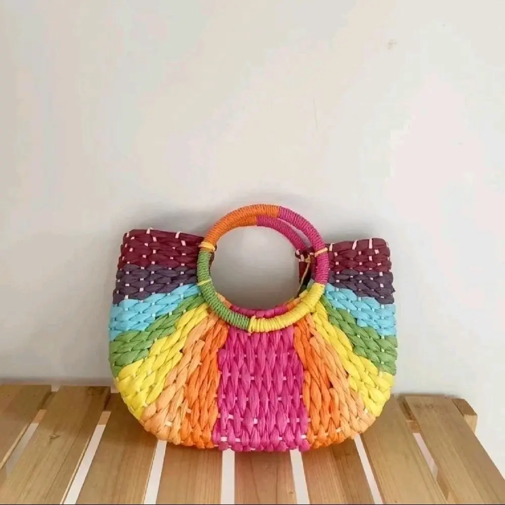 Medium All Seasons Straw Beach Streetwear Handbag Colorful Rainbow Design Woven Style Straw Bag Round handle