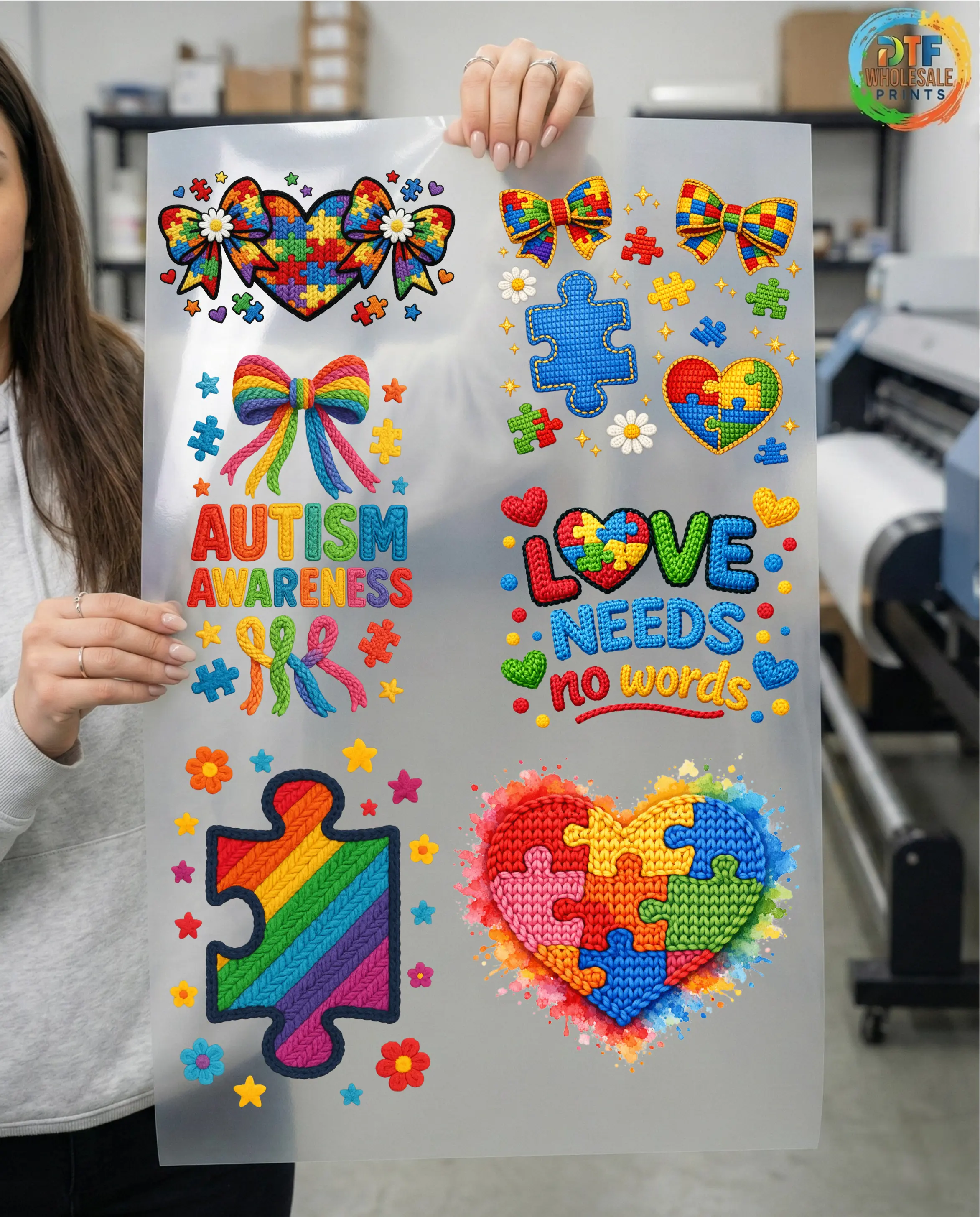 6PCS Designs Autism Gang Sheet, Faux Yarn Autism Awareness Gang Sheet, DTF Transfer Autism 3D Graphic Design, Transfer Ready For Press Puzzle Autism DTF WS-7