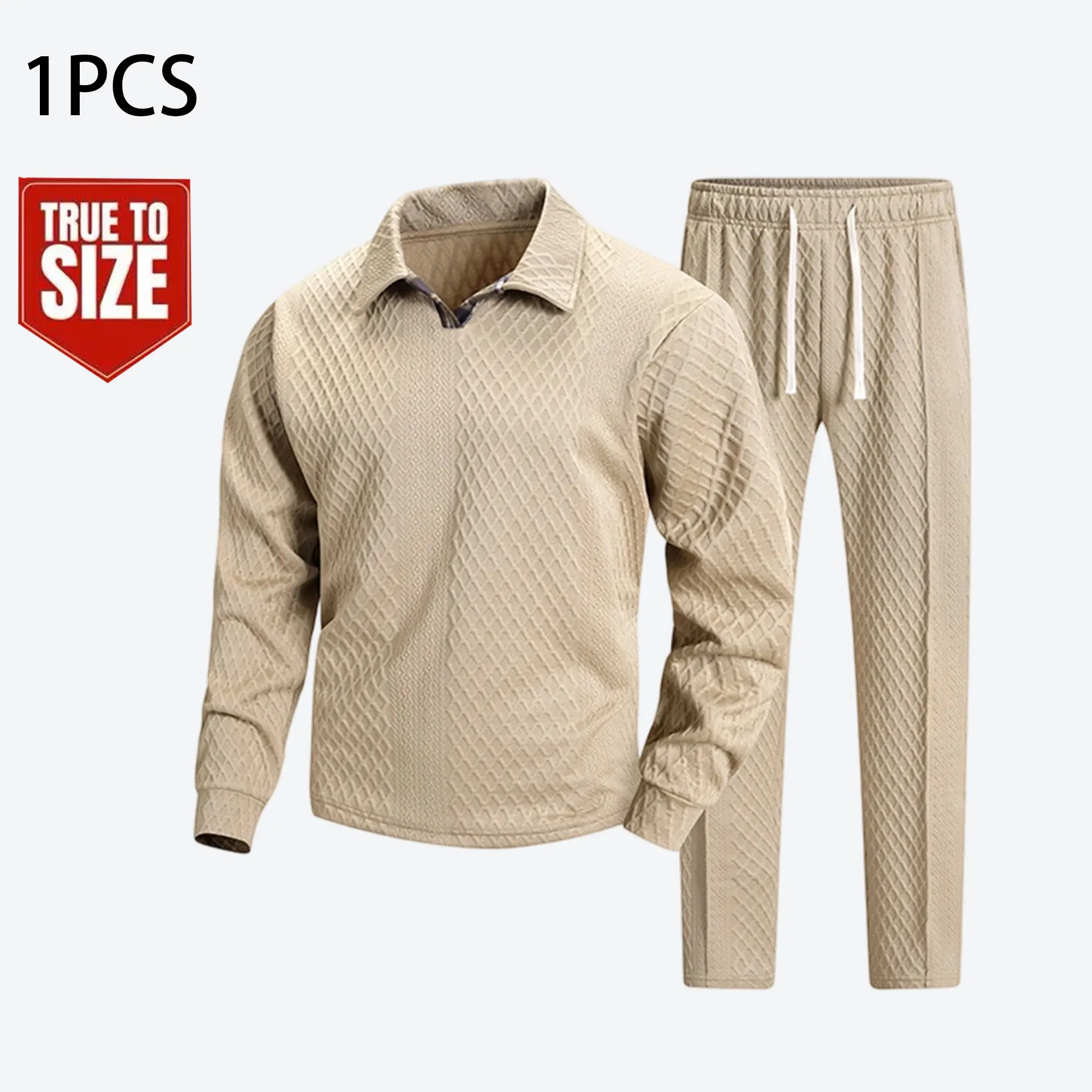 Men’s diamond waffle jacquard two-piece set: polo shirt with a small notched lapel and long sleeves, paired with white drawstring straight-leg pants in the same fabric; textured fabric for a simple, minimalist outfit suitable for commuting and casual wear