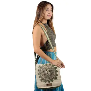 Natural Hemp Cotton Mandala Crossbody Sling Bag – Eco-Friendly Boho Hippie Messenger Bag with Adjustable Strap | Made in Nepal