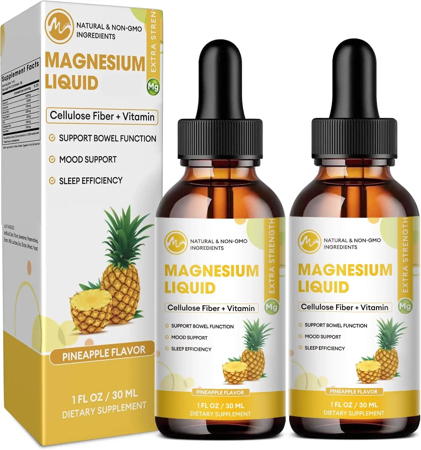 Magnesium Glycinate Liquid 1000mg with Cellulose Fiber, Bromelain, B6, C, D & Zinc, Pineapple Flavor, 2-Pack, Healthcare Vitamin