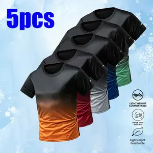 Pack of 5 men’s gradient dry sports casual T-shirts, summer breathable crew neck short sleeves, suitable for running, fitness training, available in multiple colors Menswear Top Tshirt