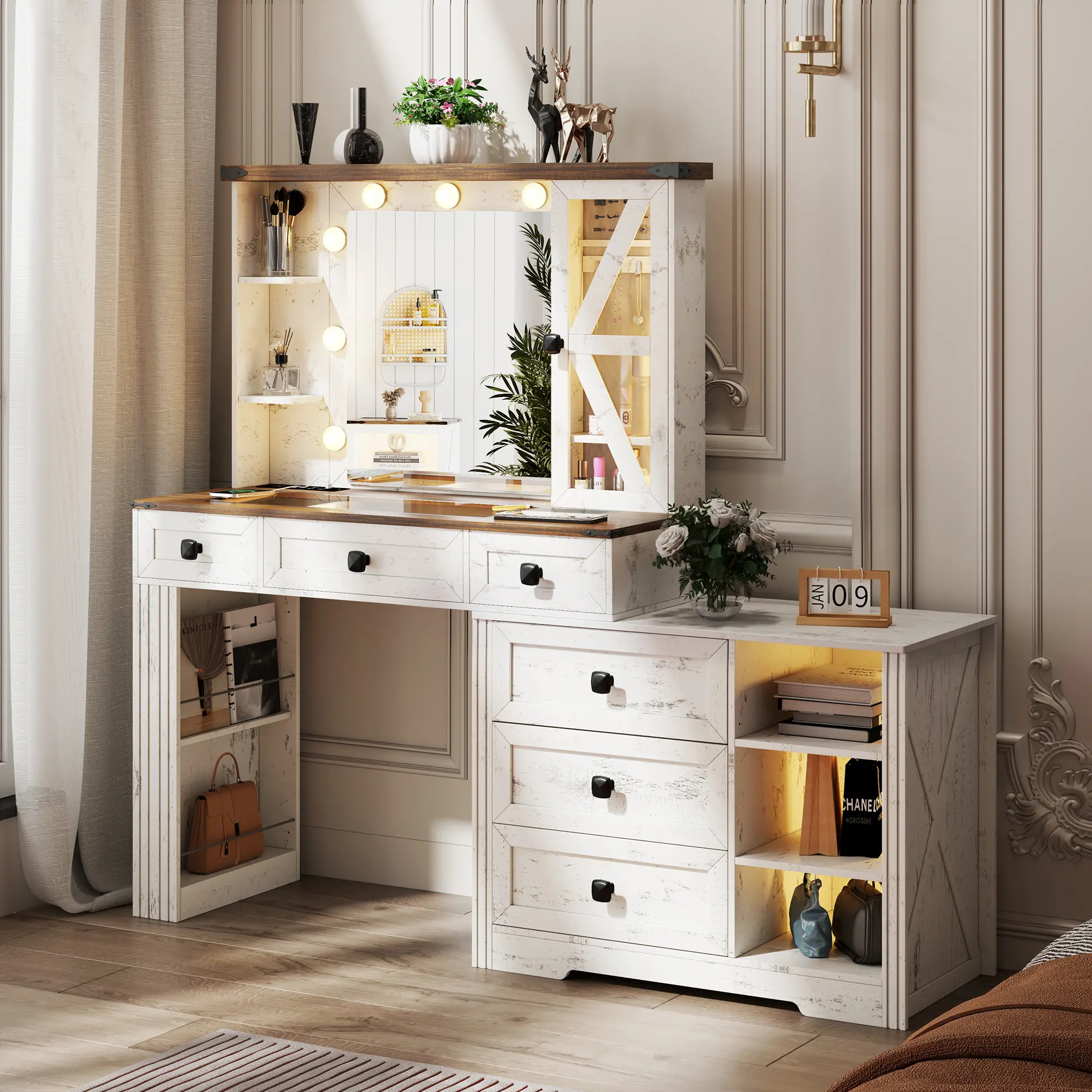 FREDEES Farmhouse Vanity Makeup Desk, Freestanding Backlit Vanity with Mirror, 9 Hollywood LED Bulb Lights, 3-Color Lighting, Glass Tabletop, 6-Drawer Storage, Charging Station - Women's Indoor Furniture，Bedroom Organizing vanity with mirror