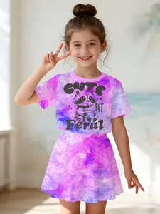Girls' 3D Cat Print Top and Skirt Set, Summer Casual, Round Neck Short Sleeve, Slim-Fitting, All over Print, Two-Piece Suit