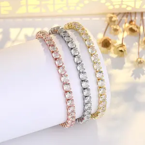 18K Gold-Plated 4mm AAA Round Zircon Single-Row Tennis Bracelet, Hypoallergenic Copper with Adjustable Sliding Clasp, High-Quality Trendy Aesthetic Bling Stackable Link Daily Jewelry Gift for Women Classic Chain cubic zirconia hip hop jewelry