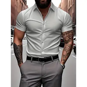 Men's Slim Fit Muscular Short Sleeve Dress Shirt - Light Gray, Button-Up with Pocket, Casual Attire, Stretchy Fabric, Polyester