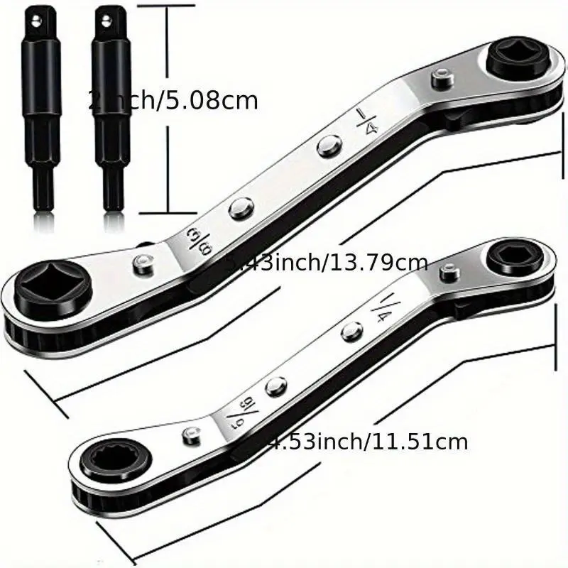 4pcs HVAC Service Wrench Tools: 3/16" To 3/8" 5/16" X 1/4" Air Conditioner Valve Adjustable Ratchet Wrench With 2 Hexagon Bit Adapter Kit For Air Refrigeration Tools And Equipment Repair Tools