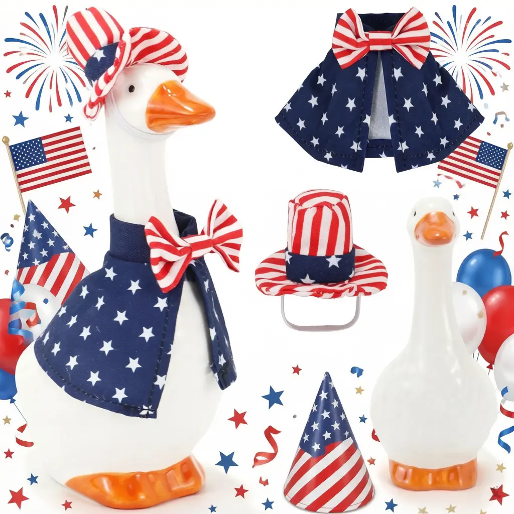 7-Inch Ceramic Desk Goose Statue - Patriotic Top Hat & Stars Outfit, Decorative Independence Day Holiday Decor, DIY Gift for Home Office Tabletop, Indoor/Outdoors Collectible Figurine