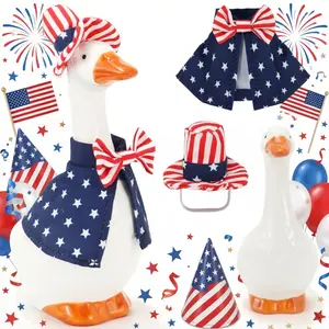 7-Inch Ceramic Desk Goose Figurine - Patriotic Top Hat & Stars Outfits, 4th of July Decorative Ornaments, Ideal for Tabletop Home Office Indoor Outdoor Decor, DIY Gift Option