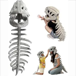 32in Dinosaur Skeleton Costume, 3D Spinosaurus Skull Mask with Plush Spine Tail for Halloween Cosplay and Party Dress Up