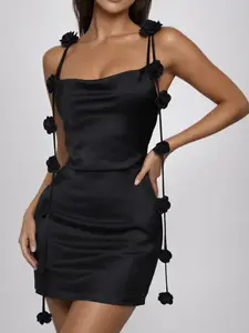 2026 Sexy Rose Strap Mini Dress for Women, Spaghetti Strap Slim Fit Bodycon Design, 3D Floral Applique Side Drawstring Detail, Soft Stretch Fabric, Available in Black White Red, Party Night Club Vacation Elegance Dress, Fitted Womenswear