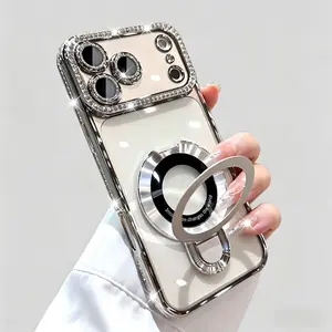 Fashion Diamond Soft Smartphone Case, Anti-Fall Casing with DIY Bracket, Electroplated Glitter, Camera Lens Protector, Handheld Accessories for iPhone 12-17 Pro Max, Love Gifts for Women Girls, Spring Glow Up Shell