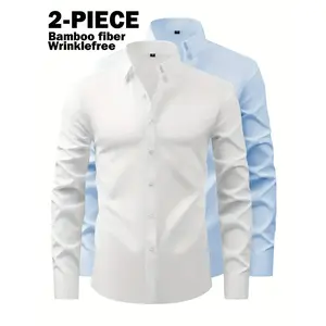2-Pack (bamboo fiber) light luxury business classic non-ironing long-sleeved shirt, suitable for dinner office, party, non-ironing ice silk smooth shirt