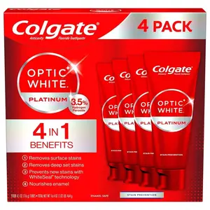 Colgate Optic White Platinum Toothpaste 4 Pack 4.1 Ounce Each with 3.5% Hydrogen Peroxide for Stain Prevention & Enamel Nourishment