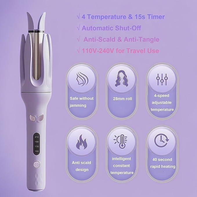 Electric Heated 28mm Hair Curler, ,4 Temps & Timer,Diameter 28mm ,Professional Long-lasting Electric Big Wave Hair Styling Tool for Beach Waves, Blitz Curler,Anti-Tangle Rotating Curling Wand for Hair Styling