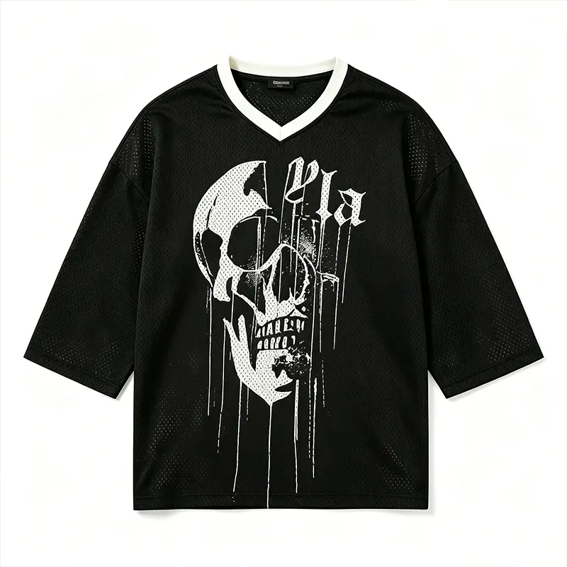 Men's Gothic Skull Mesh Jersey T-Shirt, Streetwear Oversized V-Neck Top，Black Drip Skull Print Mesh Tee, Edgy Streetwear Jersey Shirt for Men，Breathable Mesh Skull Print V-Neck Tee, Great for Urban & Y2K Style