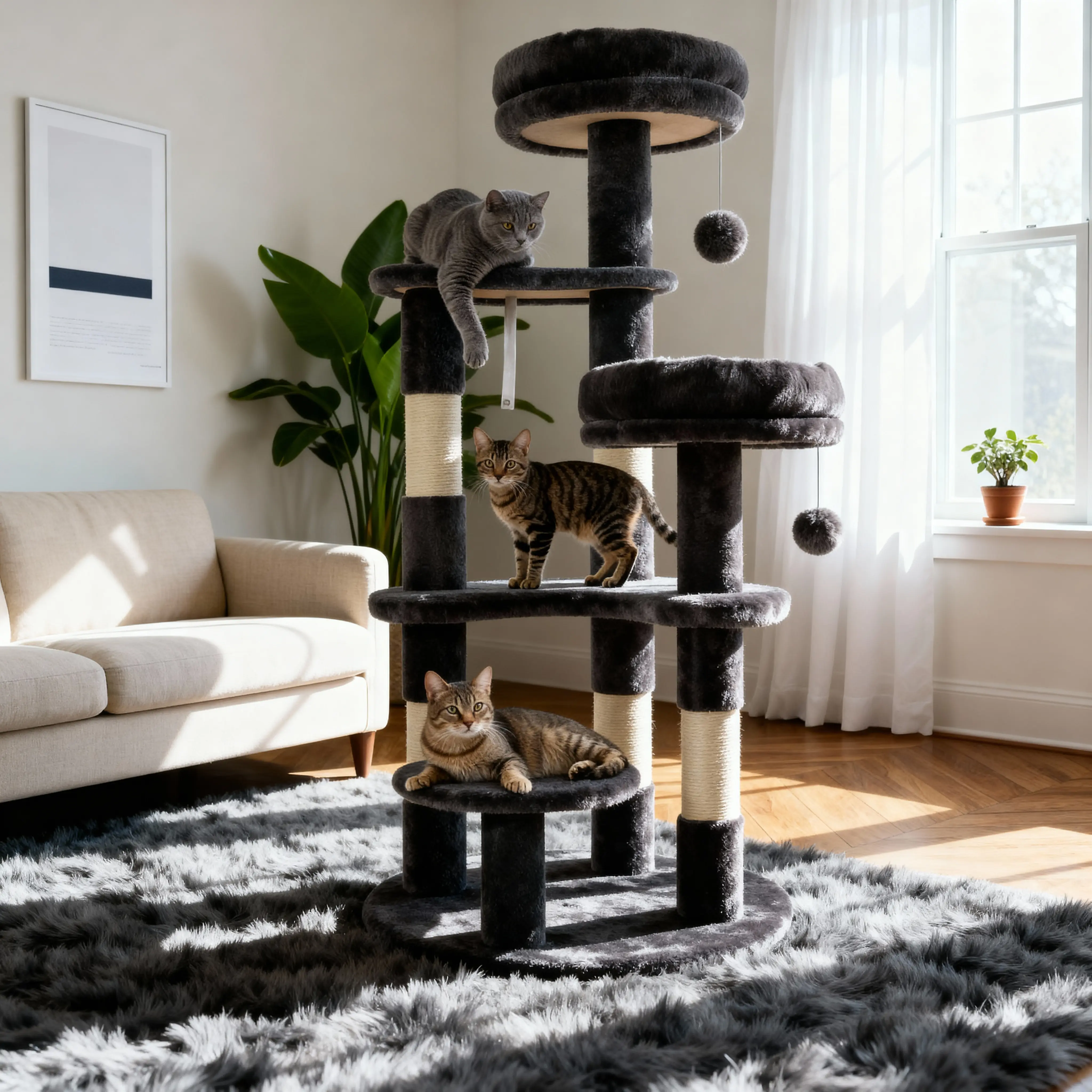 PurrFest 56 In Cat Tree For Indoor Kitties, Soft Plush Perches, Multi-Level Cat Tower, Sisal Scratching Posts, Crescent Plates, Round Jumping Board, Hanging Ball, Pet Activity Center