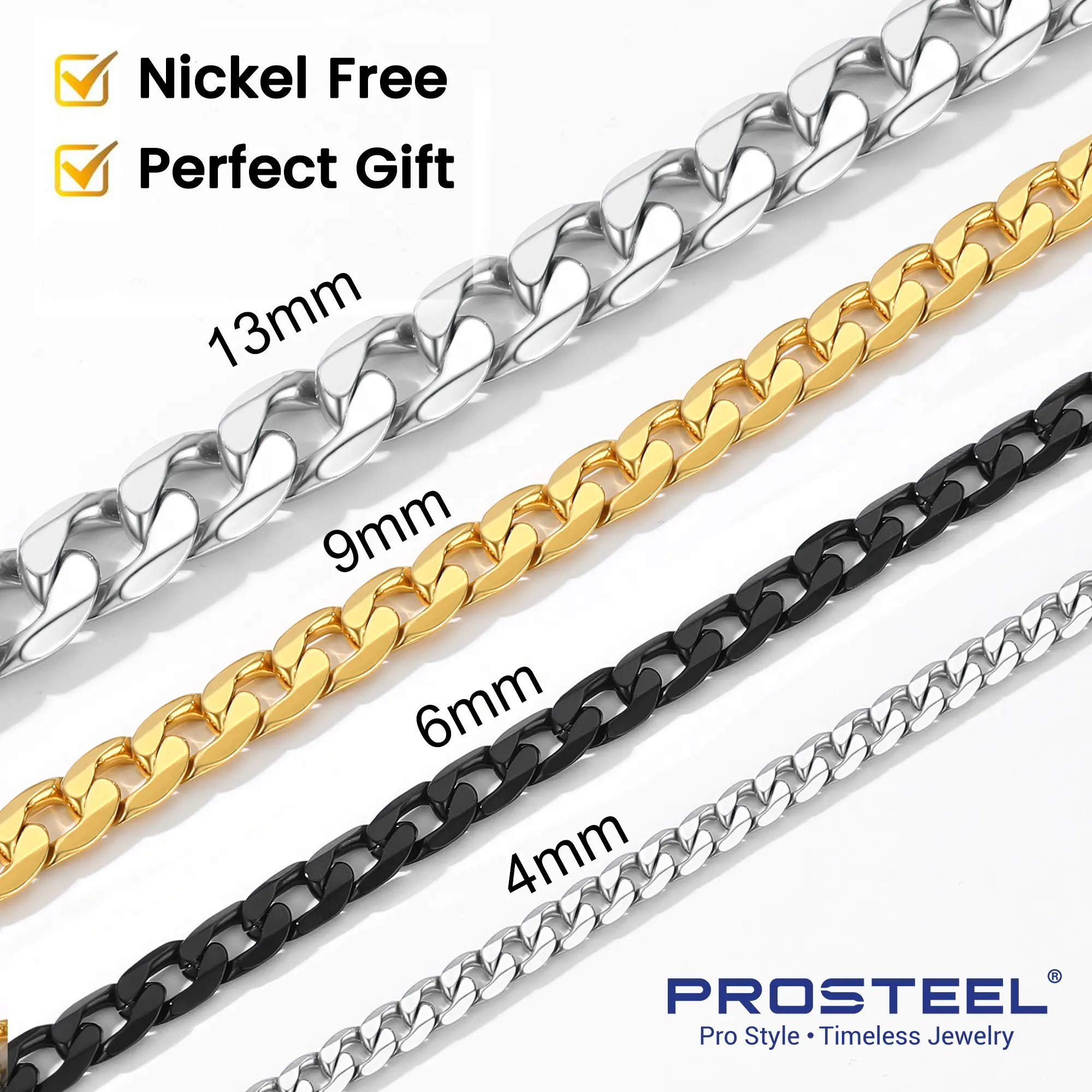 PROSTEEL Cuban Link Chain Necklace Stainless Steel Chain Necklace 4/6/9/13mm Width 14"-30"Inch Unisex For Men Women Lovers Gift Box