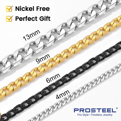 PROSTEEL 14K Gold Plated/Steel/Black Cuban Link Chain Necklace Stainless Steel Chain Necklace 4/6/9/13mm Width 14"-30"Inch Unisex For Men Women Lovers Gift Box