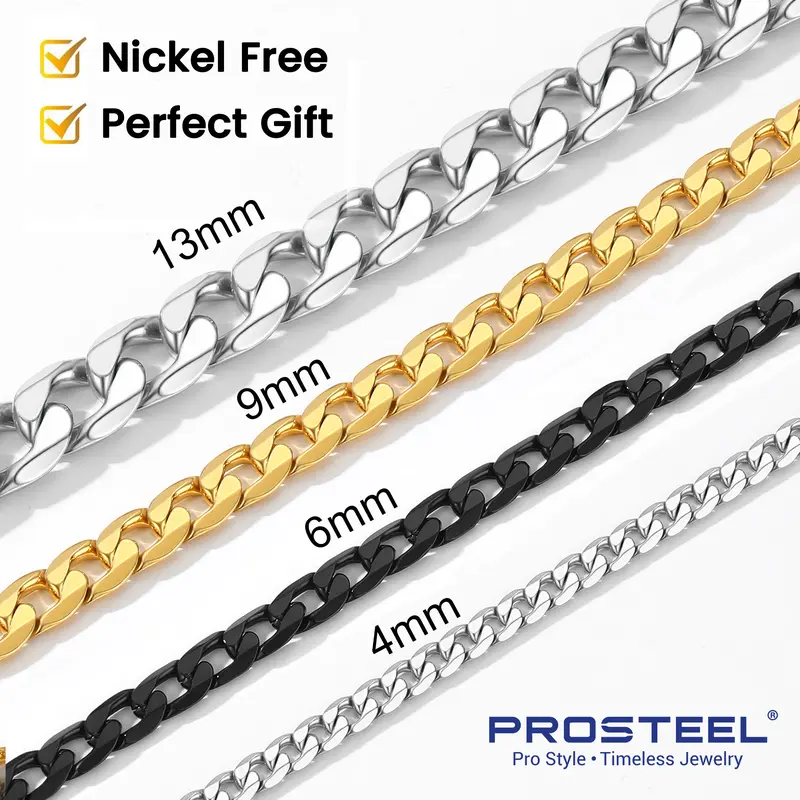 PROSTEEL 14K Gold Plated/Steel/Black Cuban Link Chain Necklace Stainless Steel Chain Necklace 4/6/9/13mm Width 14"-30"Inch Unisex For Men Women Lovers Gift Box