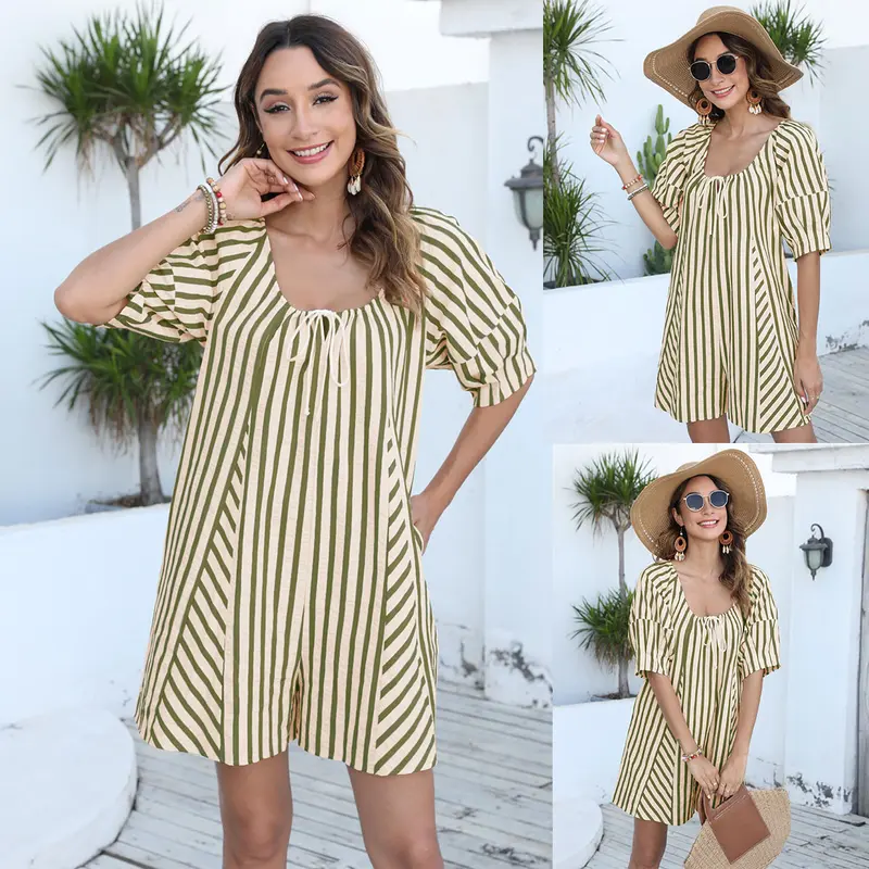 UANEO Womens Striped Romper Casual Loose Puff Sleeve Wide Leg Jumpsuit Overall with Pockets SummerVibes