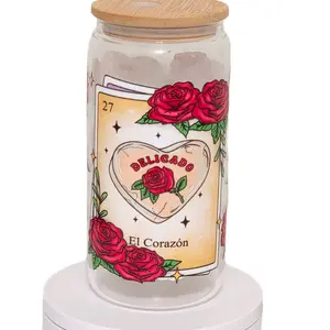 Delicado El Corazon Mazapan Glass Tumbler with Rose Design and bamboo Lid 16 oz Capacity