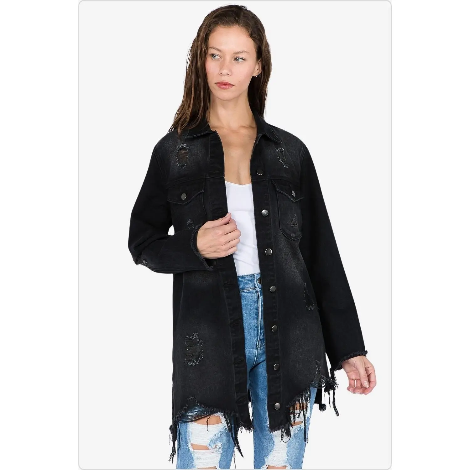 Women's Distressed Frayed Hem Denim Jacket in Black