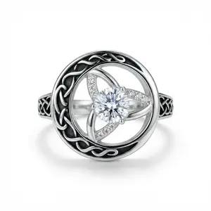 S925 Sterling Silver Celtic Trinity Knot Ring, Brilliant CZ Diamond Halo, Open Adjustable Band (No Size Problem). Perfect Everyday Jewelry & Gift