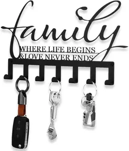 Family Key Holder Metal Hooks Decorative Hanger Black Rack Wall Mount Organizer with Screws and Anchors for Keys Hat Kitchen Entryway Front Door Home Decor