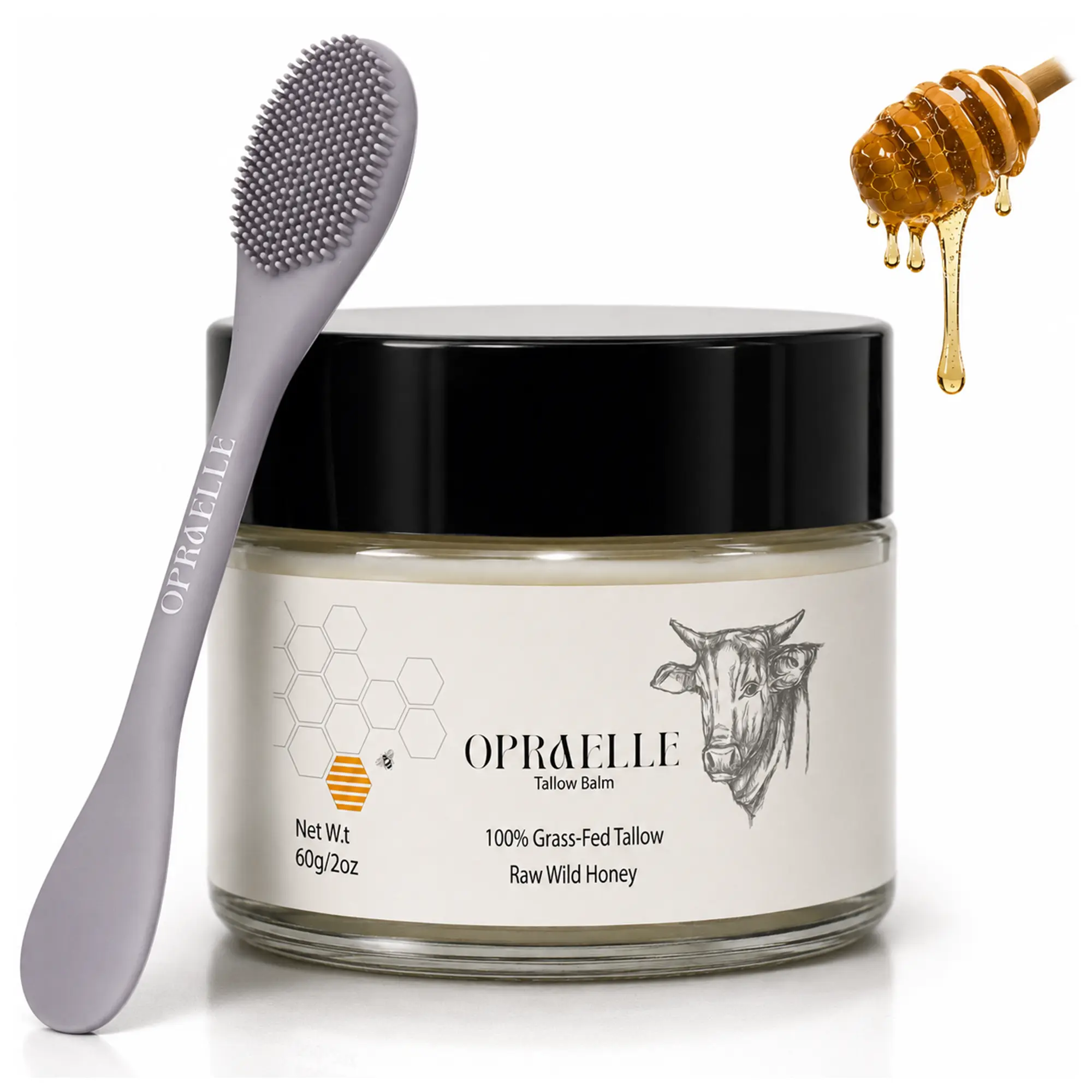 2oz Whipped Tallow Honey Balm with Applicator - 100% Grass-Fed Beef Tallow, Raw Honey Cream for Face & Body, Vitamins-Infused, Silicone-Free, Soothing Sensitive Skin Body Care Moisturizer
