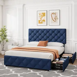 Queen Size Bed Frame with 4 Storage Drawers, Linen Upholstered Platform Bed Frame with Adjustable Headboard, Diamond Stitched Button Tufted, No Box Spring Needed, Blue Unique Bedroom Furniture