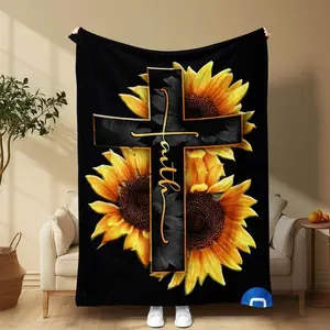 Sunflower & Cross Flannel Throw Blanket, Soft Cozy 280GSM Flannel Blanket for Bedroom, Home, Office, Travel, Christmas Gift, Holiday Decor, Warm Napping Blanket